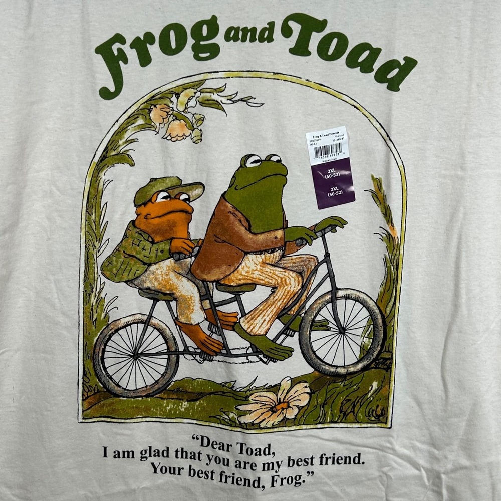 Frog and Toad Tandem Bicycle Graphic T-Shirt Mens 2XL Natural Cream Cotton New